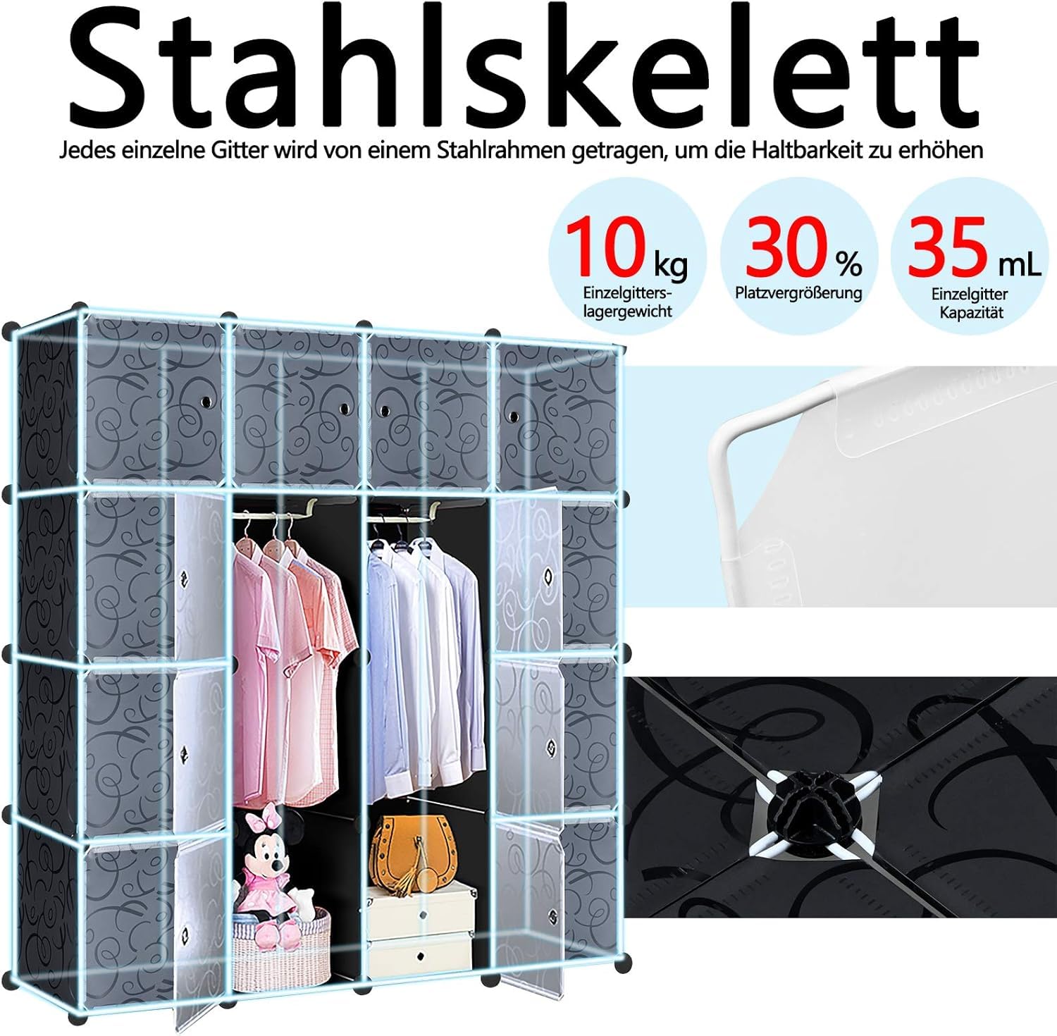 Système d'étagères DIY avec portes, étagère enfichable, armoire en plastique PP, rangement modulaire pour vêtements, chaussures, livres, avec 16 cubes