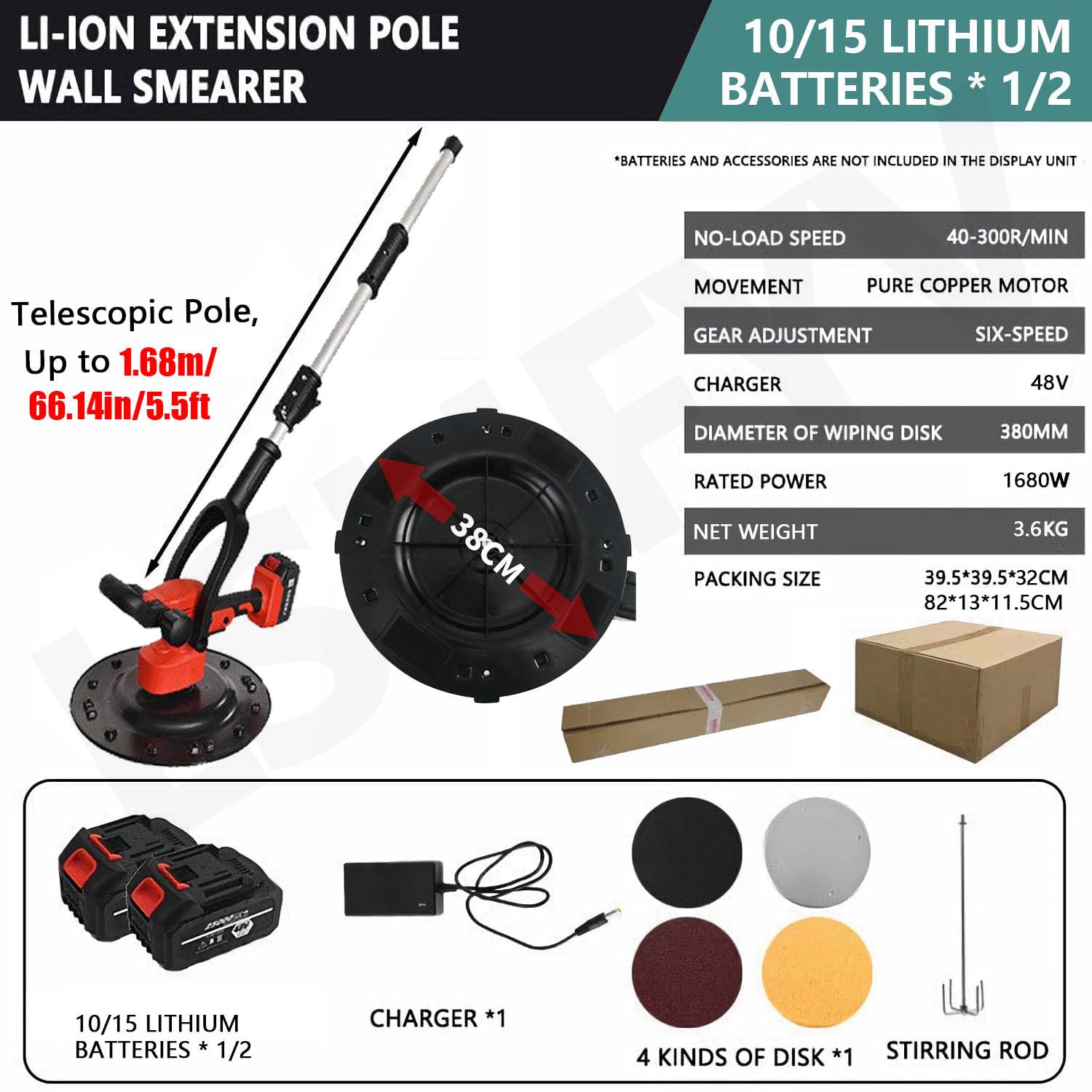 Llana eléctrica para mortero de Cemento y hormigón, alisadora eléctrica de Paredes de 1680 W, lijadora de Yeso portátil de 40-300 RPM con Varilla mezcladora y Llana eléctrica,15000mAh-2Battery