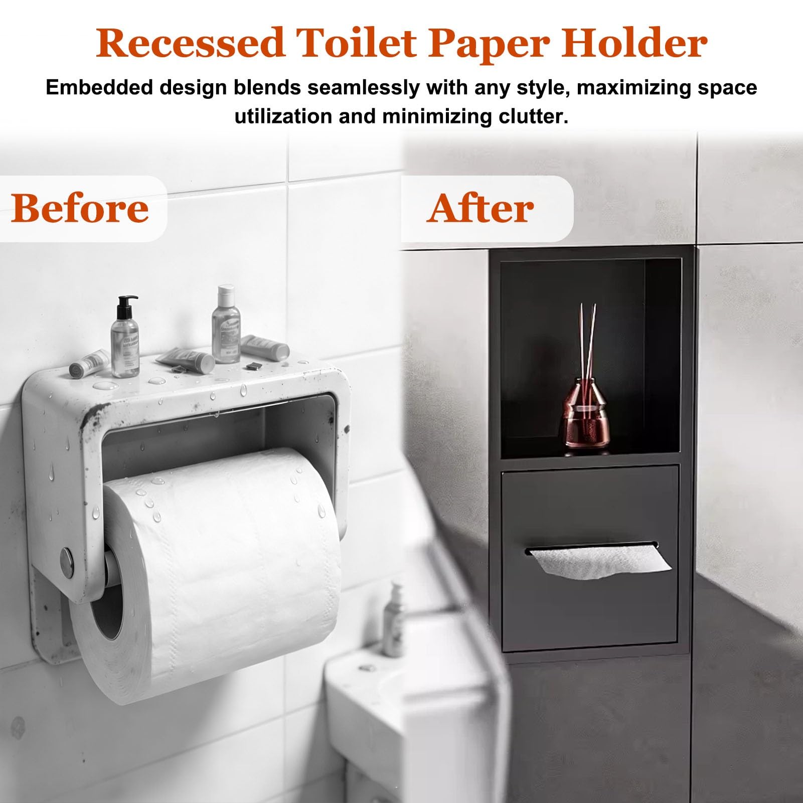 Portarrollos de Papel Higiénico Empotrado Portarrollos de Papel Higiénico Empotrado de Metal con Estante, Nicho para Papel Higiénico en El Baño, Armario para Papel Higiénico Empotrado en La Cocina