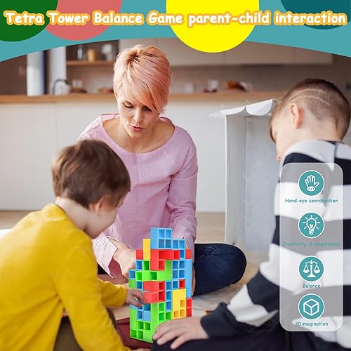 Miniatura 4 de Juego de 48 piezas de juguetes apilables de equilibrio de torre Tetra, Stack Attack 2 jugadores, bloques de construcción de equipo, tablero de