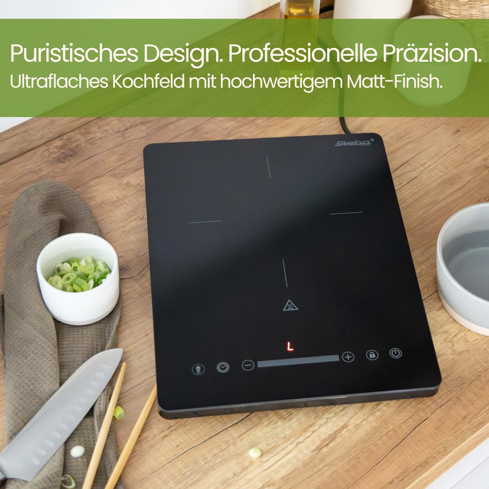 Steba IK 35 Ultra-Flat Induktionskochfeld 25 cm Mattglas | 9 Stufen, Slide & Touch, 200–2000 W, Timer, Booster & Kindersicherung