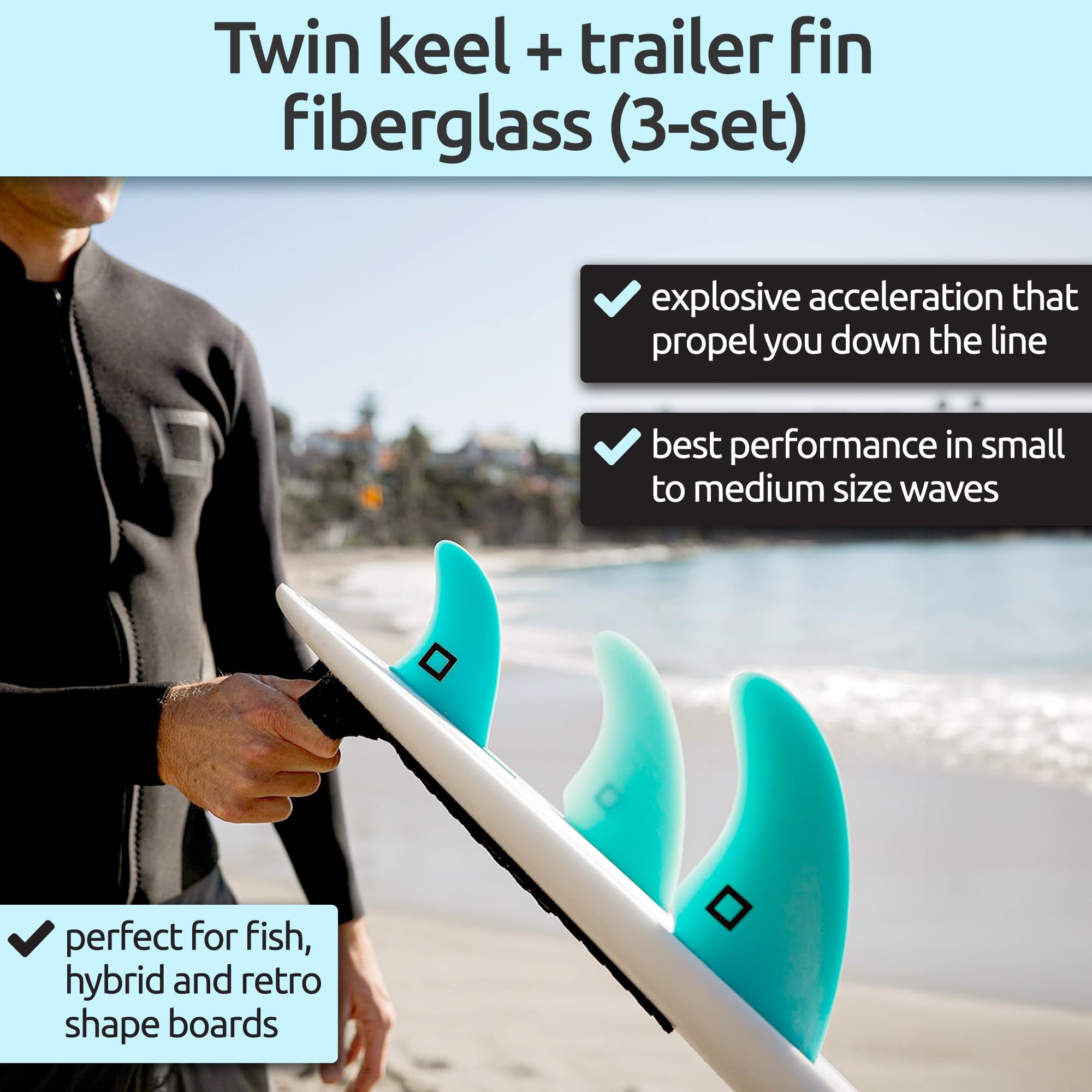 Zestaw Surf Squared Twin, Thruster lub Quad Fin – lite włókno szklane dla lekkiej trwałości i najwyższej wydajności – kompatybilny z deskami surfingowymi Futures Single Tab
