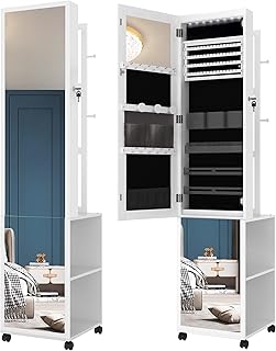Comprar Hzuaneri Hzuaneri Armario Joyero 8 LEDs, Organizador de pie para joyas con 1 perchero, Espejo de cuerpo entero con cerradura y 4 ruedas, Estantes de almacenamiento de 3 niveles, Blanco y Negro JC17003B