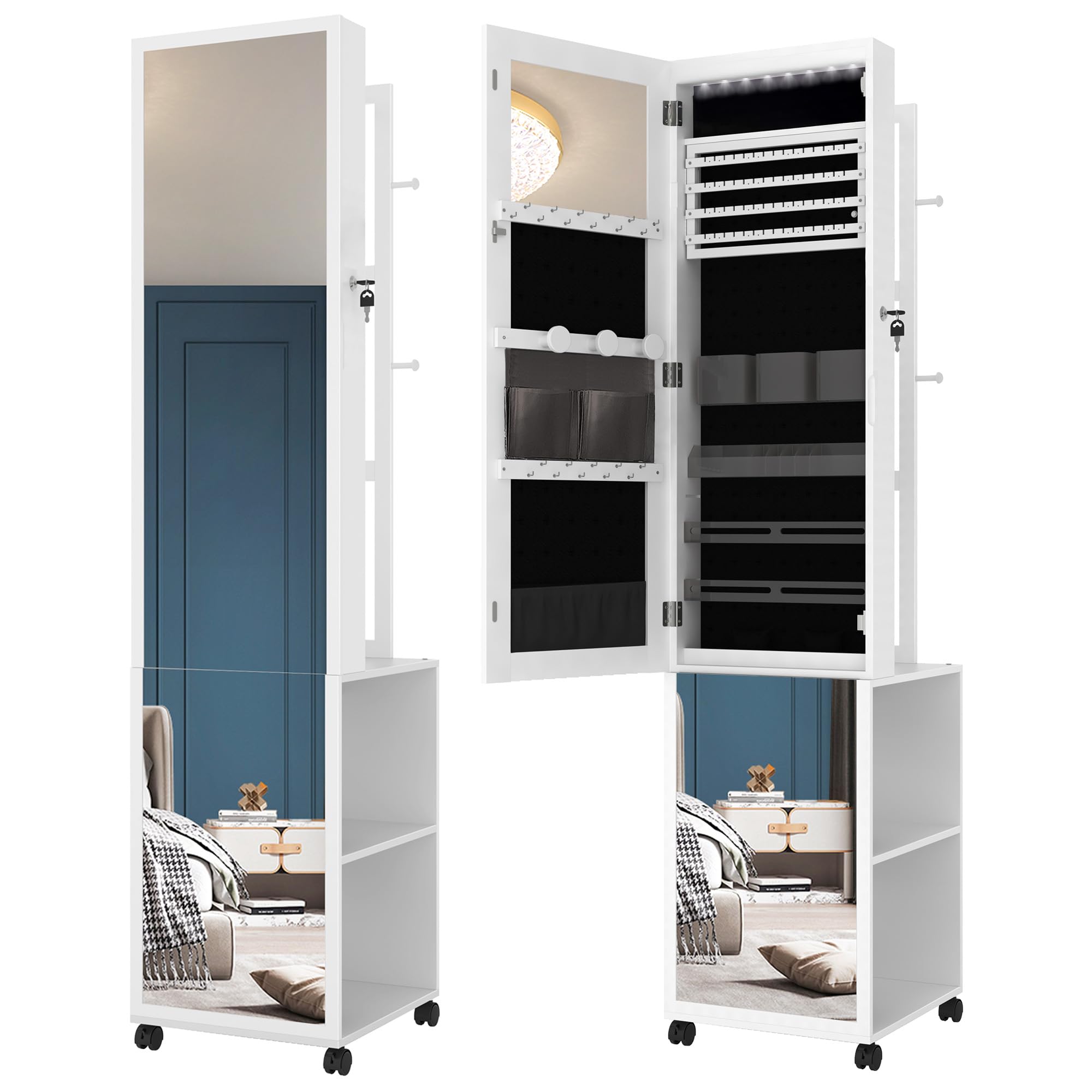 HzuaneriHzuaneri 8 LEDs Jewelry Cabinet Armoire, 64.8-inch Jewelry Organizer with Garment Rack, Lockable Full-length Mirror with 4 Wheels, Storage Shelves with Hooks, 5-in-1, White and Black JC17003BThe Forest Stewardship Council