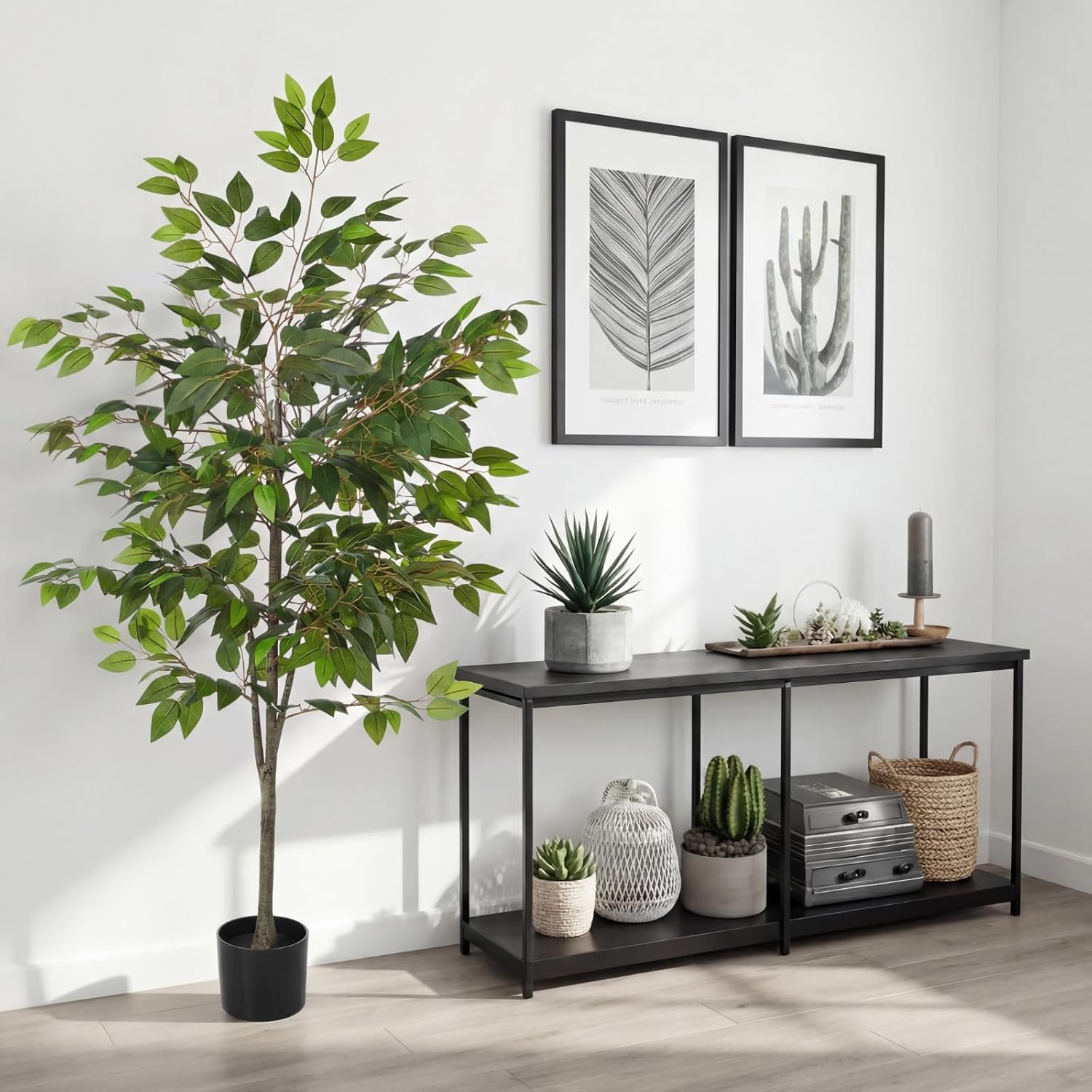 Daifunli 2 Pack Artificial Ficus Tree with Realistic Leaves and Natural Trunk Faux Tree with Silk Leaves for Porch Home Office Farmhouse Indoor Outdoor Housewarming Gift