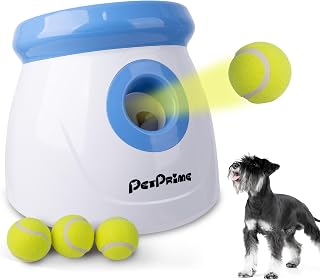Pet Prime Automatische Ballwurfmaschine für Hunde mit 3 Distanzen (3m-9m) Inkl. 3 Robusten Tennisbällen (5cm) Ideal für Kleine Hunde (Mini-Werfer)