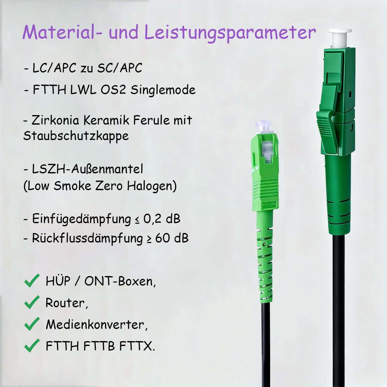 Câble de fibre optique monomode SC/APC vers LC/APC 150 m 3,0 mm G657B3 OS2 Simplex, LSZH, noir, faible amortissement, câble de raccordement FTTH pour routeur et ONT, 150 mètres