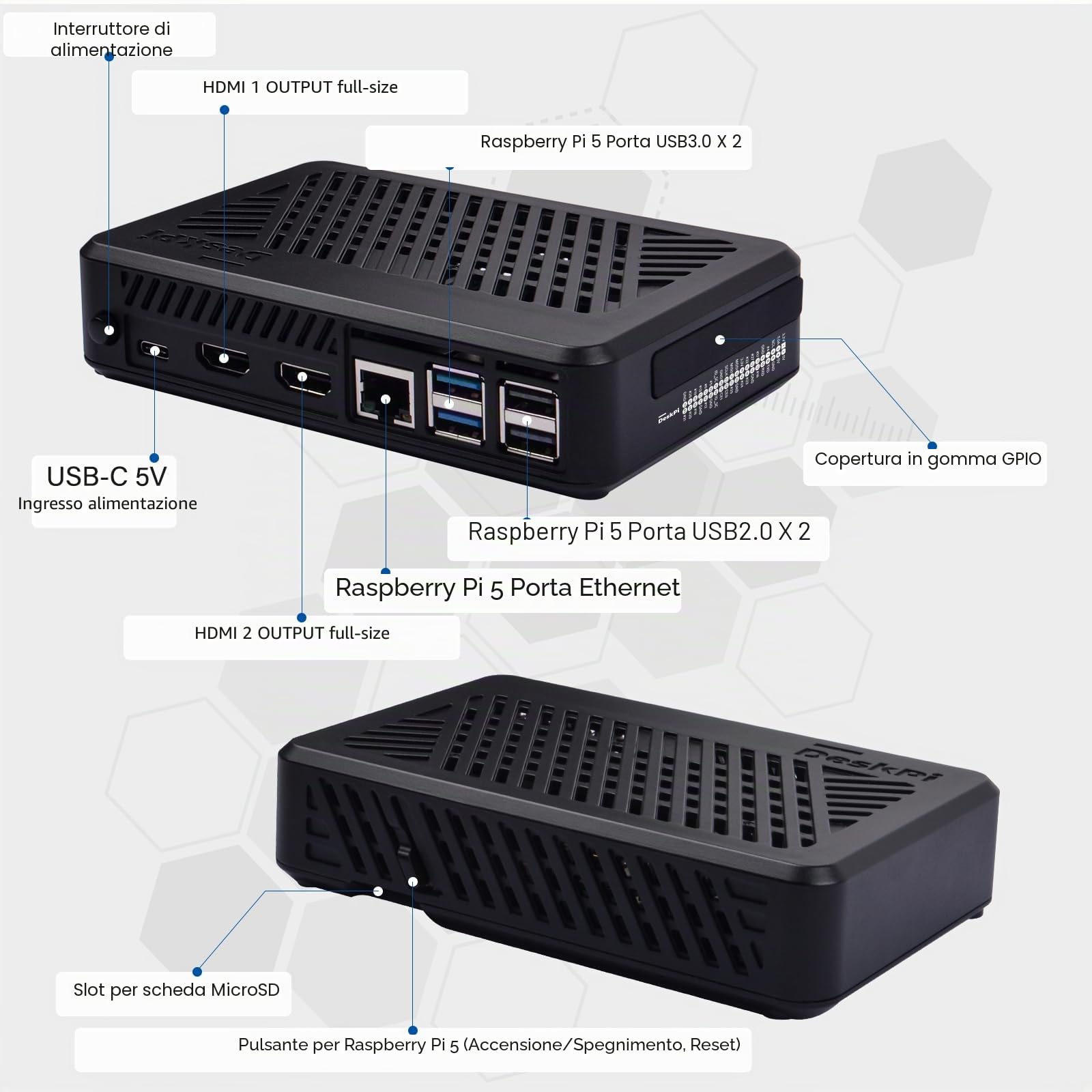 GeeekPi DeskPi Lite Pi5 Case con pulsante di accensione, PCIe a M.2 HAT, Active Cooler, e Dual Full-Size HDMI per Raspberry Pi 5, supporta M.2 NVMe M-Key 2230/2242/2260/2280 SSD