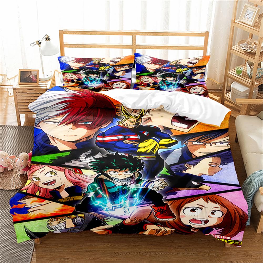 3 Pieces My Hero Academia Kids Duvet Cover, Print Bedding Set with Zipper Closure,white Reversible Children Quilt Cover (135x200cm(Single),Hero 02)