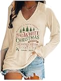 Christmas V Neck T Shirts for Women Christmas Tree Graphic Tshirts Long Sleeve Cute Tees Xmas Holiday Party Tops Outfits