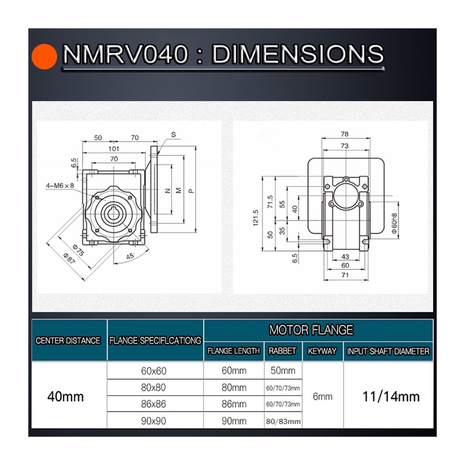Réducteur à vis sans fin NMRV040, entrée 14mm, sortie 18mm