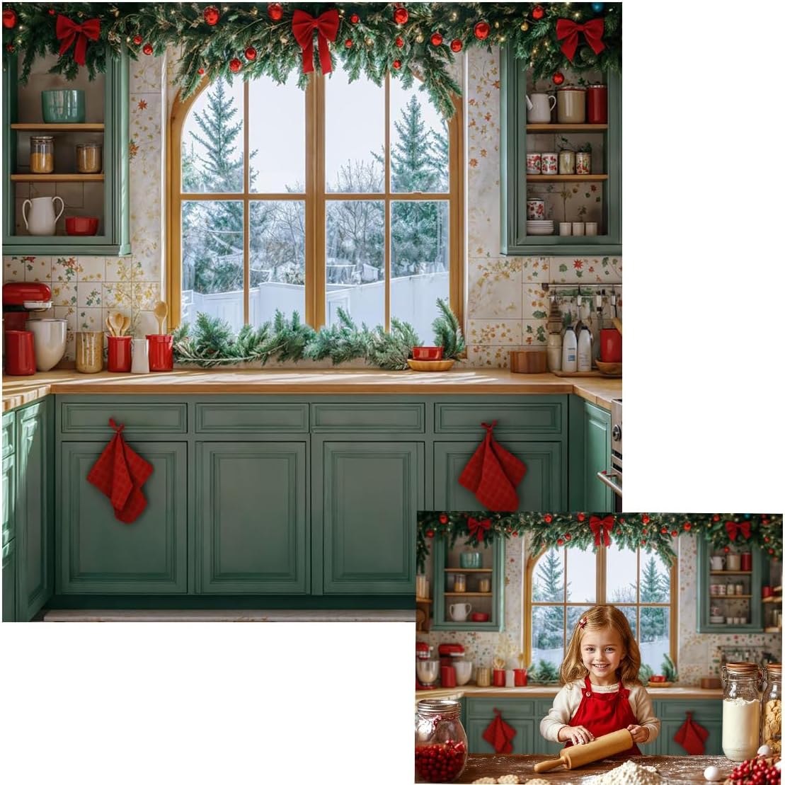 Amazon.com : Kate 8x8ft Red Christmas Kitchen Backdrops for Photography ...