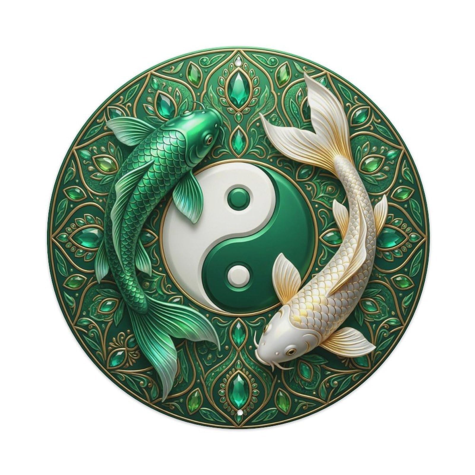 Tai Chi Koi Fish Emerald Green Gem Jewel Rich Vibrant Metal Tin Sign