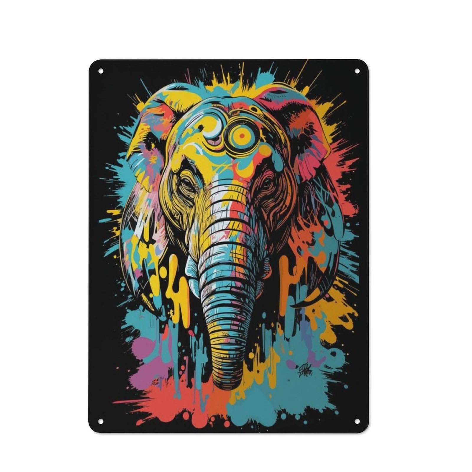 Junmoney Elephant Head Graffiti Tin Wall Plaque 40X30cm With For Living Room Or Hallway, For Garage, Workshop And Man Cave Decoration