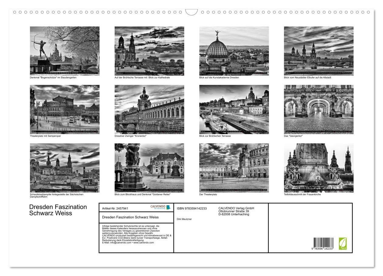 CALVENDO - Dresden Faszination Schwarz Weiss (Wandkalender 2027 DIN A2 quer), Monatskalender: Die wunderschöne Barockstadt Dresden in faszinierenden Bildern des Fotografen Dirk Meutzner