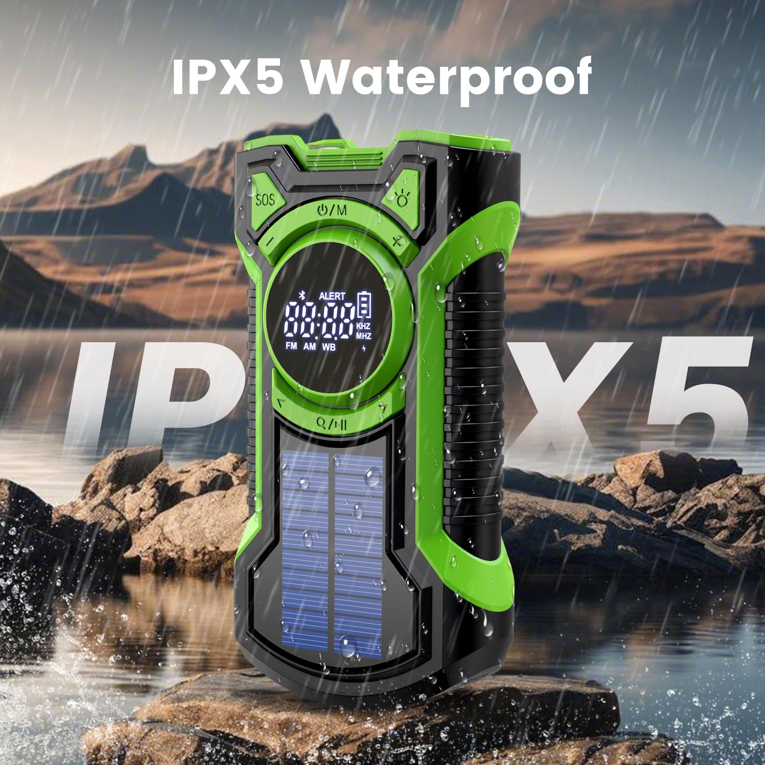 Radio impermeable IPX5 de emergencia meteorológica, Bluetooth portátil AM/FM/NOAA, radio de manivela de mano, carga solar, con linterna y cargador de teléfono celular de 5000 mAh, radio USB o batería