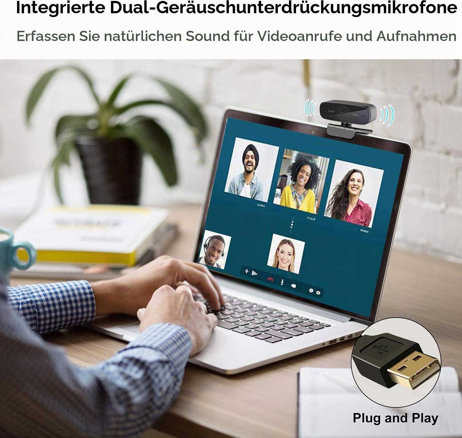 Spedal Webcam 1080P 60FPS mit Autofokus, PC Kamera mit Dual-Stereo-Mikrofon, Flüssiges Streaming USB Webkamera für Gaming, Home Office, OBS, Zoom & Teams