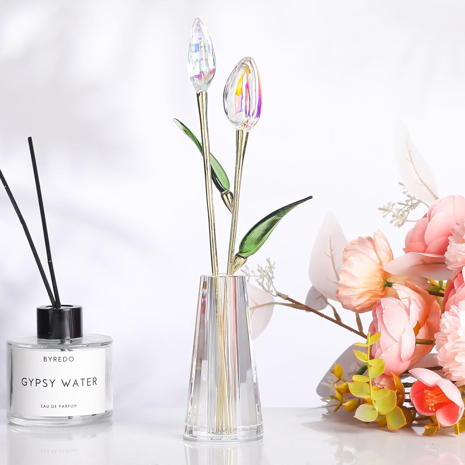 LONGWIN Crystal Tulips Flower Figurine Collectible with Vase Glass Spring Bouquet Flowers with Stem Home Decor Gift for Women Mom - Image 3