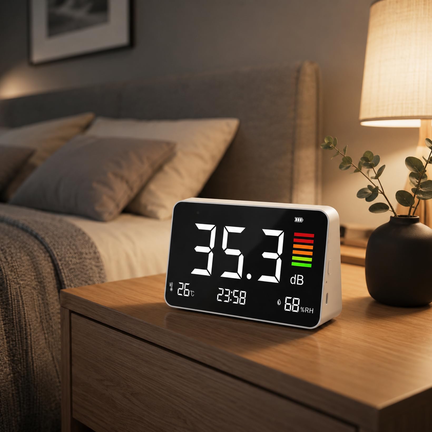 Misuratore di decibel, misuratore di livello acustico digitale con indicatore di temperatura, umidità, ora, misuratore di rumore portatile per ufficio e sonno