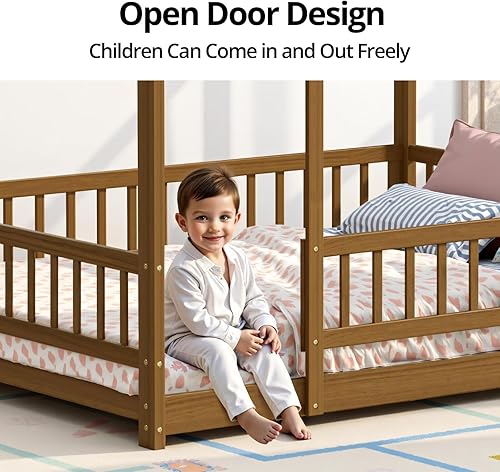 Miniatura 5 de Base de cama Montessori de tamaño individual con listones y valla, cama de madera para niños y niñas, color espresso claro