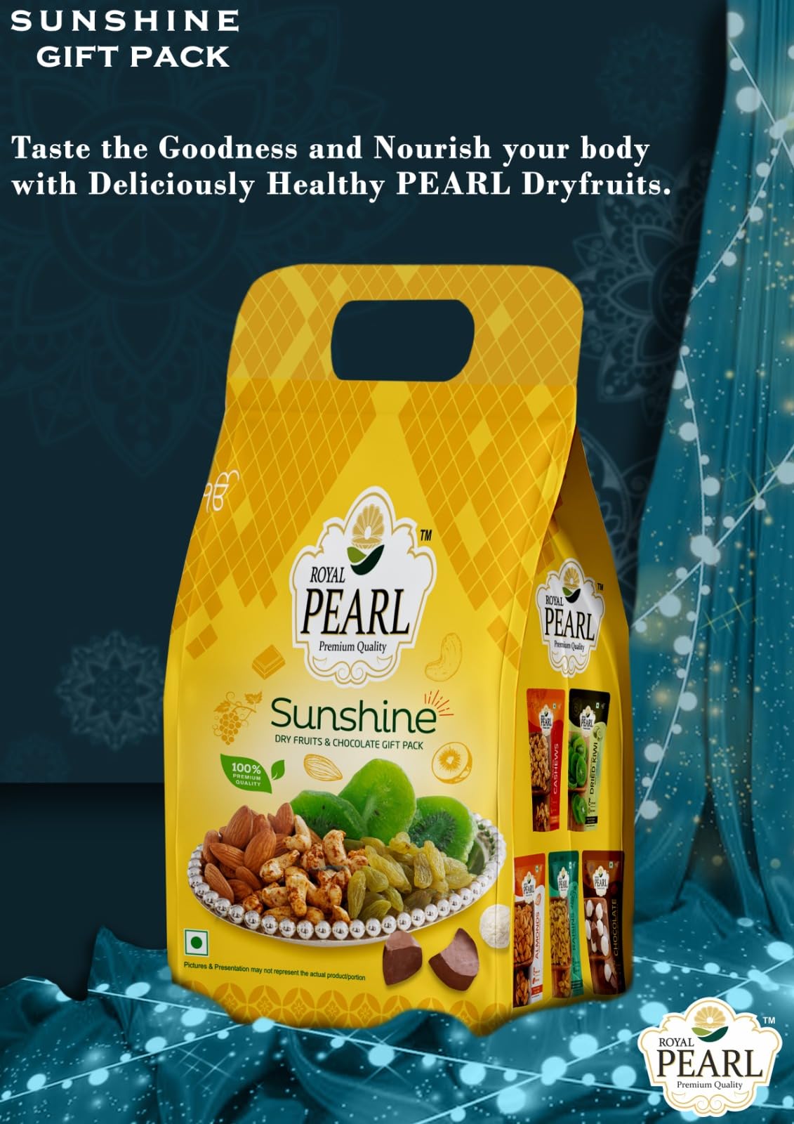 ROYAL PEARL Sunshine Dry Fruit Gift Box - 600g Premium Pack for Festive Gifting With Peri Peri Cashew 100 gram, Almond 100 Gram, Raisins 100 Gram, Dried Kiwi 200 Gram. 1