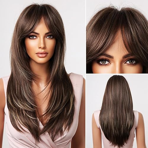 Kikone Pelucas largas rubias castañas con flequillo, peluca de 24 pulgadas de largo y lacia para mujer, peluca de cabello sintético con reflejos