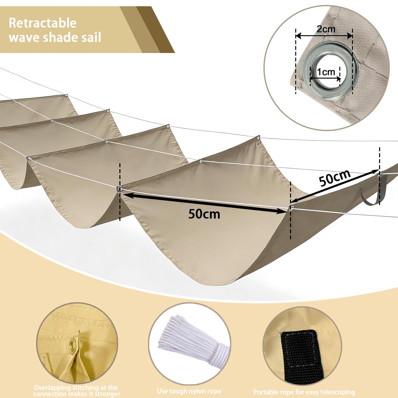 Einziehbare Welle Sonnensegel, Verstellbar Schattenabdeckung, Sonnenschutz Wasserdicht Outdoor Wellenmarkise mit Ösen und Kordel für Balkon Terrasse Garten-Khaki||350x400cm