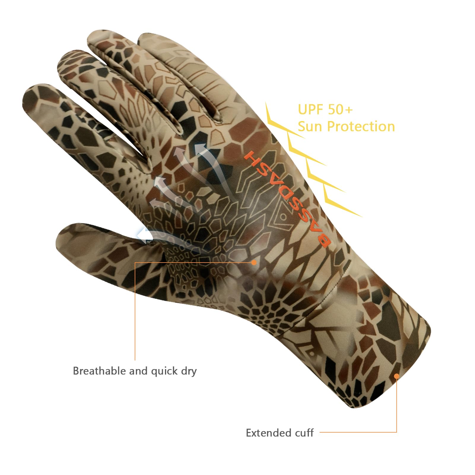 BASSDASH Guanti da caccia mimetici da uomo, UPF 50+, leggeri, per touchscreen, per tempo caldo, pesca, escursionismo, attività all'aperto