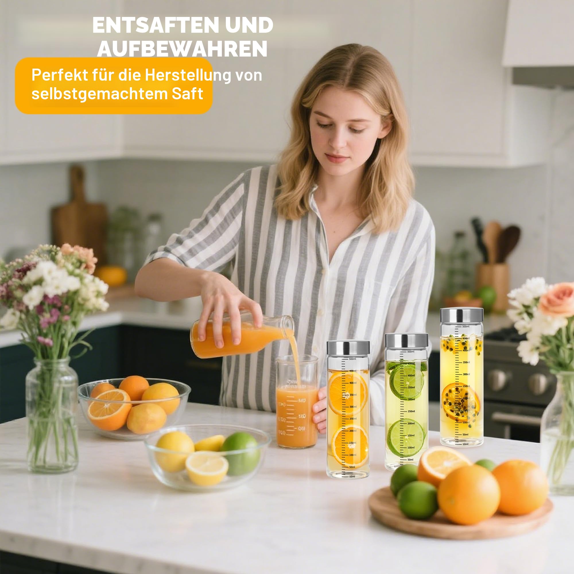 4er Glasflaschen 500ml mit Edelstahl Deckel,Smoothie Gläser Sets mit Messskala,Wiederverwendbar Glaswasserflasche,Smoothie Becher to go für Säfte, Smoothies, Kaffee, Milch, Tee (500ML)