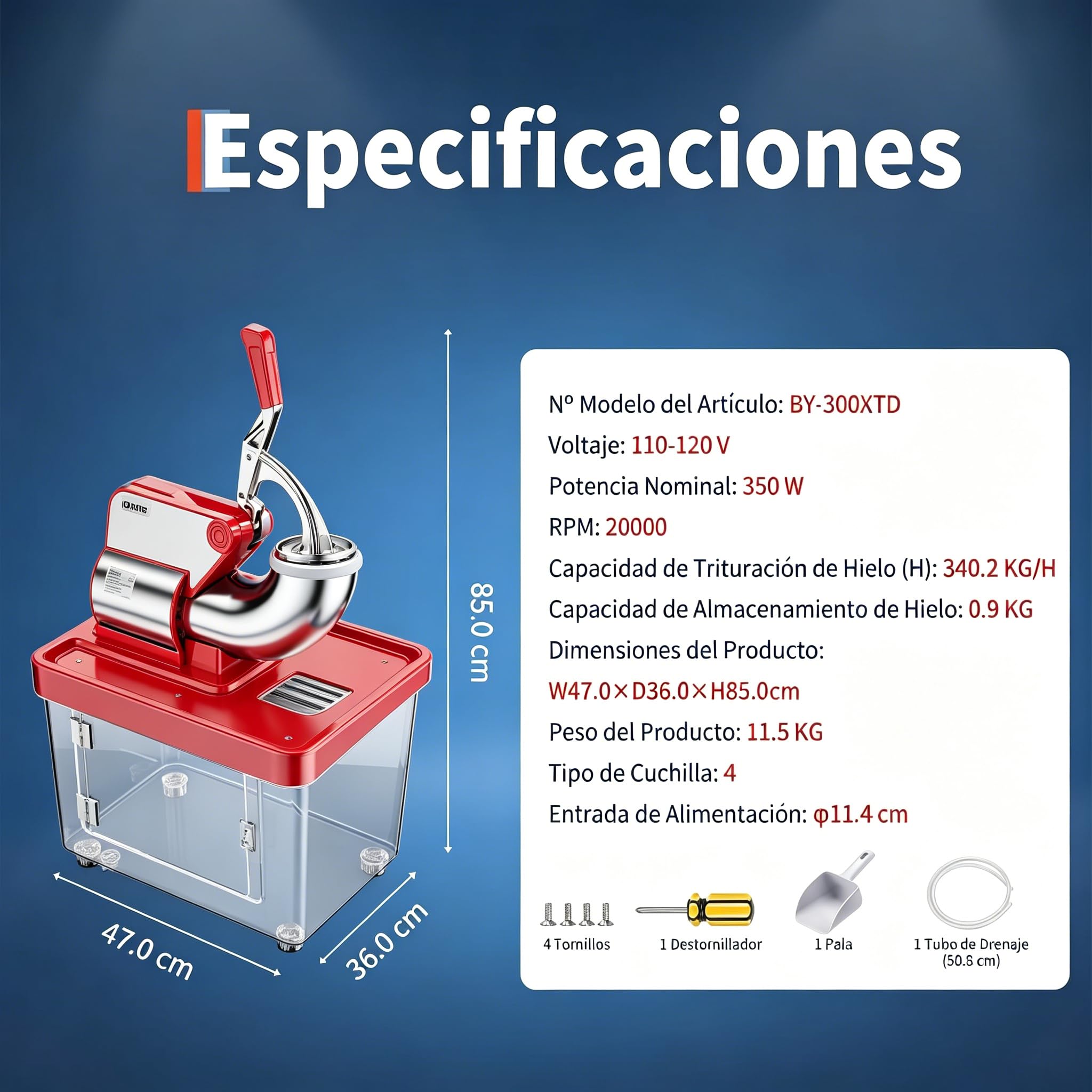 Garvee Máquina de Hielo Granizado Profesional 300W, Trituradora de Hielo Uso Comercial de Doble Cuchilla Acero Inoxidable, Tolva 4,5" Depósito 50L 300 kg/h, con ETL para Bar Cocina y Eventos, Rojo