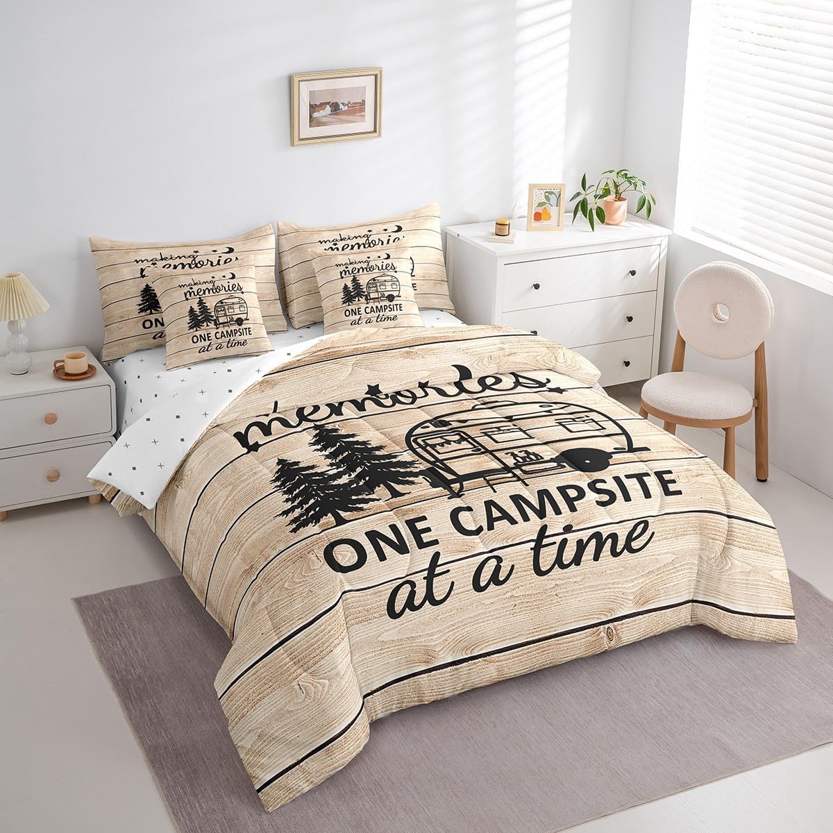 Erosebridal 7 Piece Beige Camping Full Comforter Set for Camper Decor,Rv Bedding Sets for Travel Trailers Accessories,Rustic Cabin Farmhouse Bed in a Bag with Fitted Sheet,Flat Sheet,Pillowcases