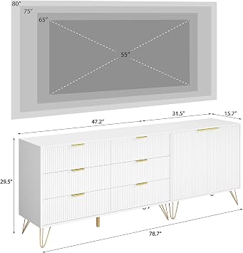 78 Fluted TV Stand for TVs up to 80 Inch, Entertainment Center with Storage and Adjustable Shelves, Modern Media Console with Golden Handles for Living Room, White