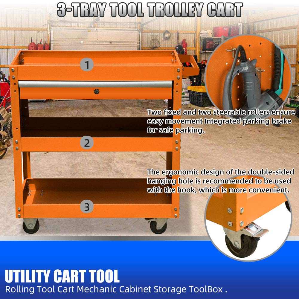 330Pound Capacity Rolling Tool Cart with Drawer, 3Tier Heavy Duty