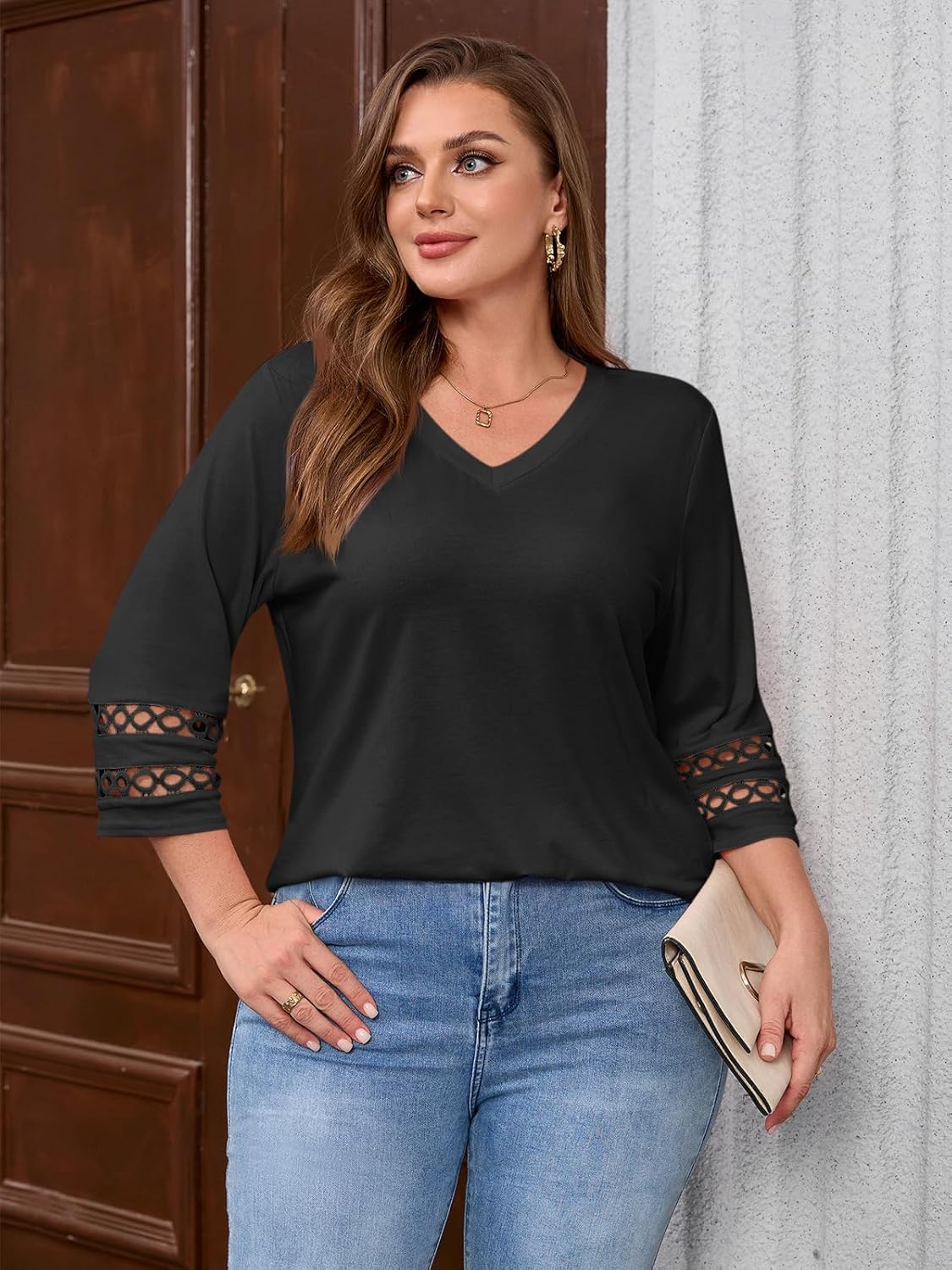 Beautife Womens Plus Size 3/4 Sleeve Tops V Neck Loose Fit Tee Shirts Dressy Casual Eyelet Lace Tunic Blouse - Image 5