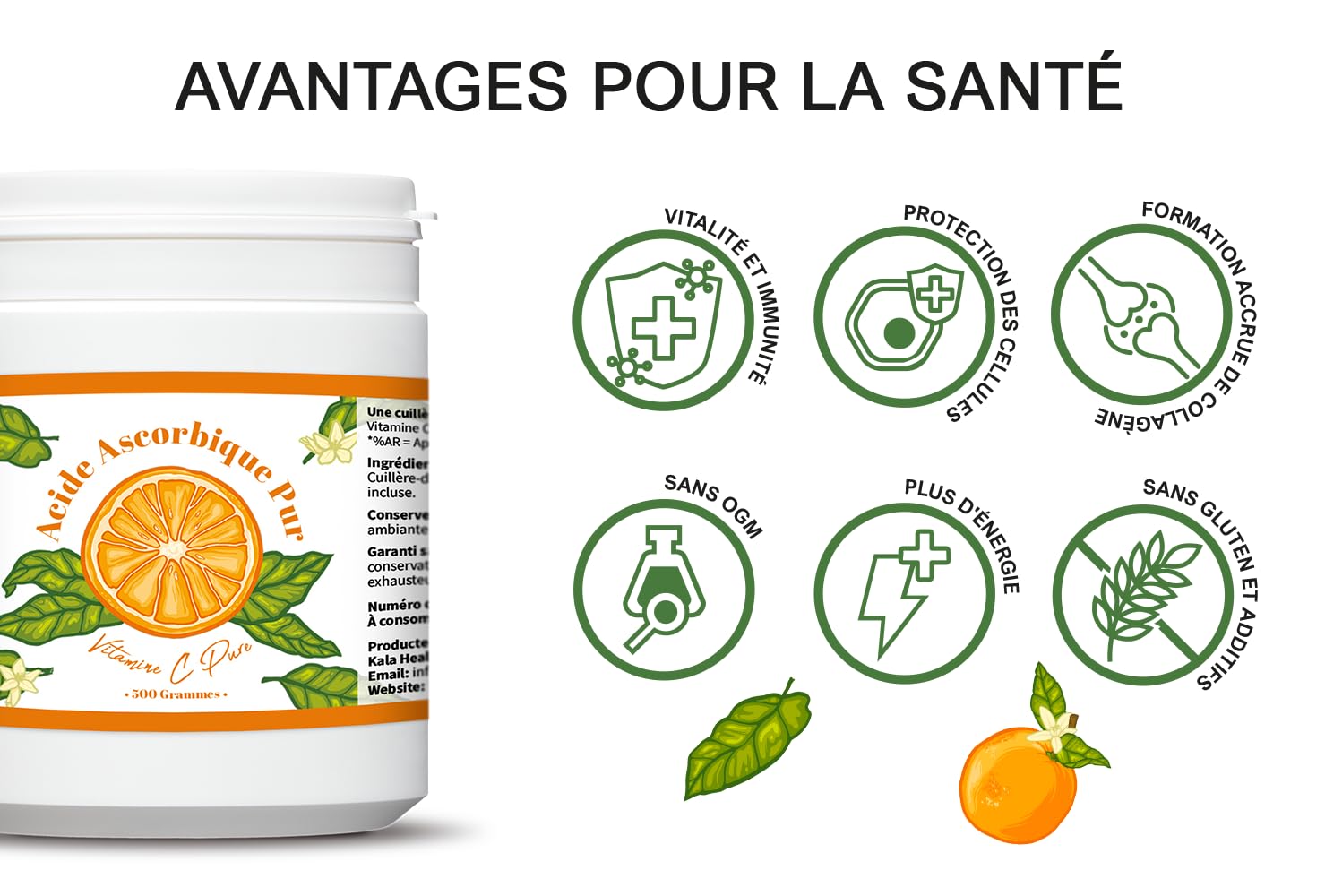 Kala Health - Vitamine C Pure 5 kg - Poudre de vitamine C - Acide ascorbique pur - Fourniture de 5000 jours x 1000 mg dosage élevé - Avec cuillère-doseuse - Végétalien - Qualité premium