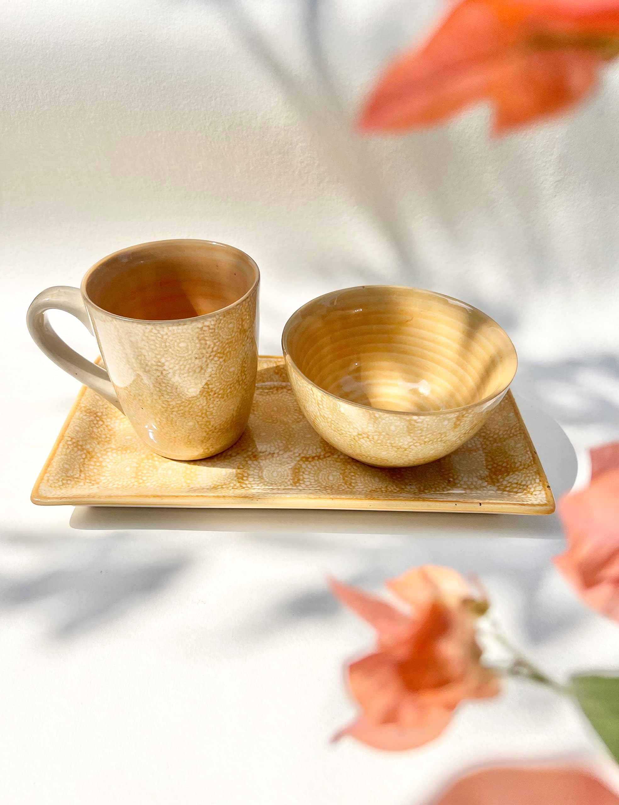 SIRO Decors Ceramic Light Yellow Breakfast Set I Gifting Set - Serving Tray, Cereal Bowl, Coffee/Tea Mug (Pack of 3)