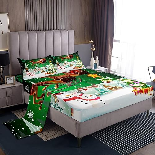Miniatura 3 de Manfei Juego de sábanas de Navidad tamaño matrimonial, juego de sábanas de árbol de Navidad de muñeco de nieve, 4 piezas con sábana bajera de
