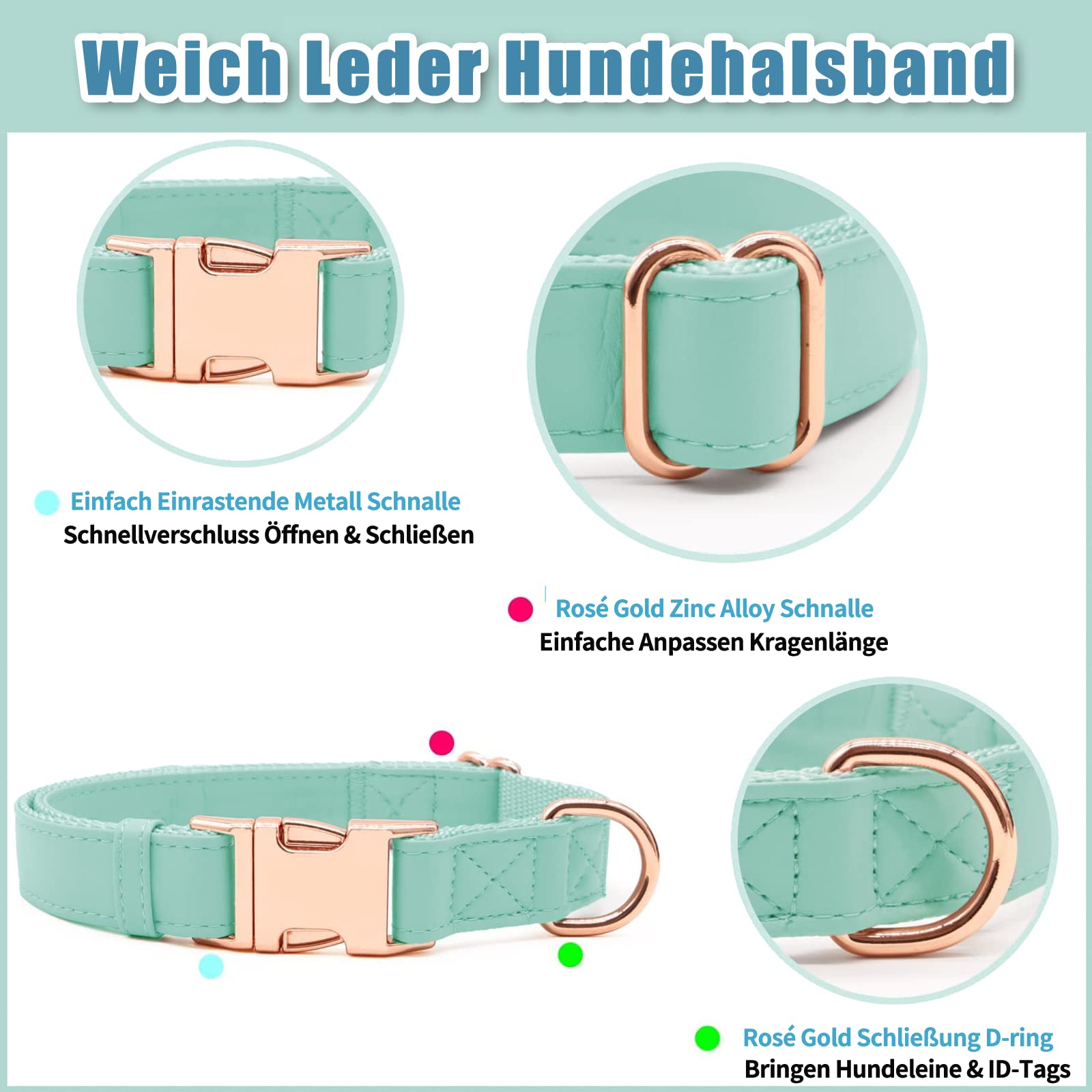 Set Collare E Guinzaglio Per Cani In Pelle Morbida - Regolabile, Fibbia Oro Rosa - Per Taglie Piccole E Medie - Foto 8