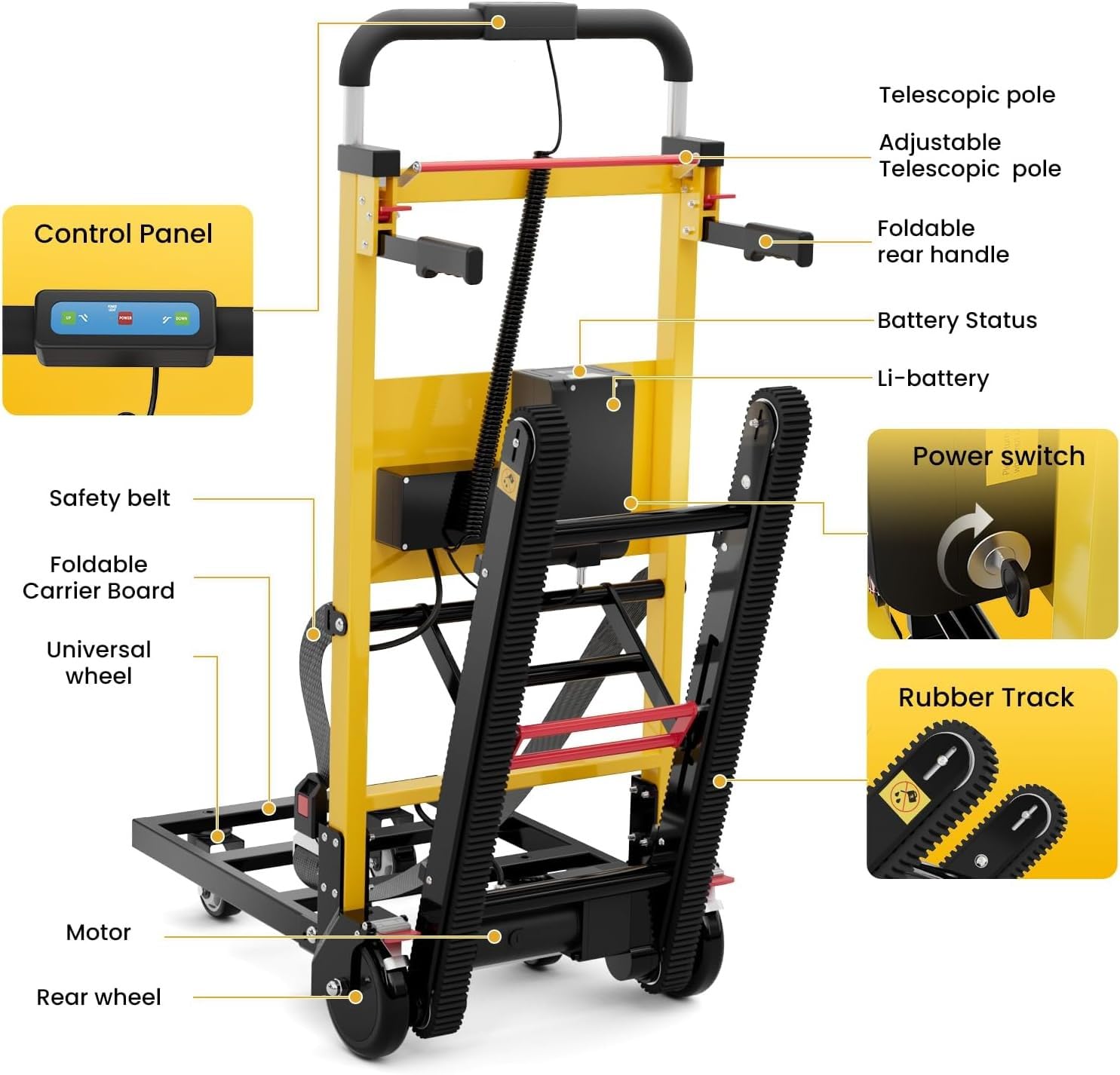 Carrello elettrico per scale a mano, cingolato pieghevole, capacità 200 kg, facile su e giù per scale, solleva scale portatili per spostare carichi pesanti