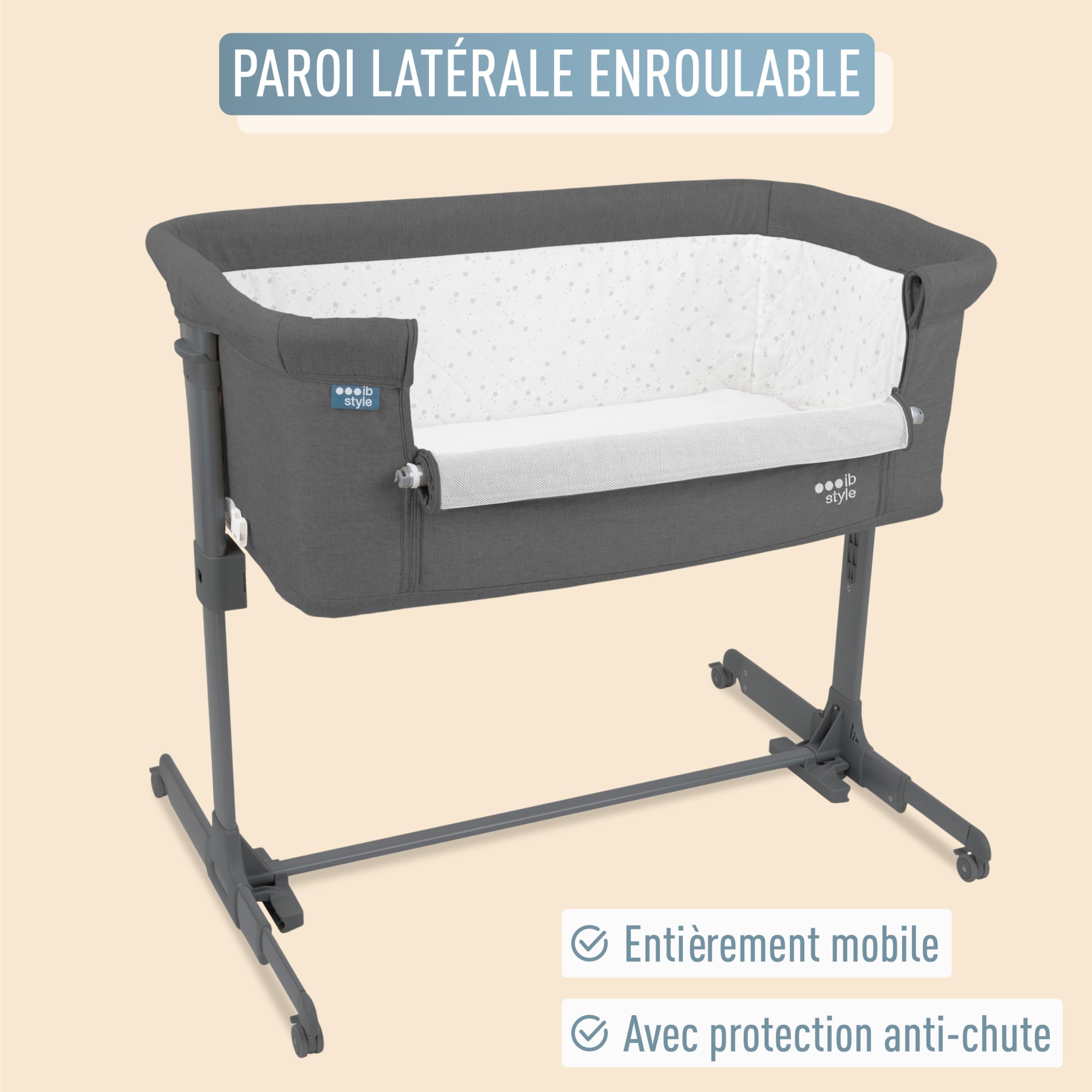 IB-Style Aluna 3-en-1 Berceau co-Dodo, lit de bébé, lit d'appoint, Matelas Moelleux, réglable en Hauteur sur 5 Niveaux, lit de Voyage avec Sac, Fonction balancelle, moustiquaire - Gris foncé