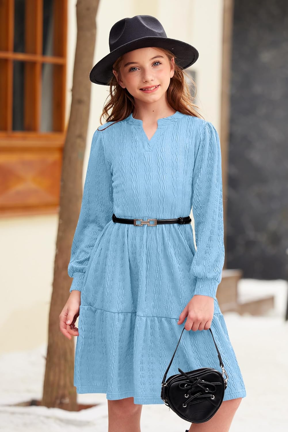 Girls Fall Knit Dresses V Neck Long Puff Sleeve Dress Ruffle Hem with Pockets 6-14 Years - Image 6