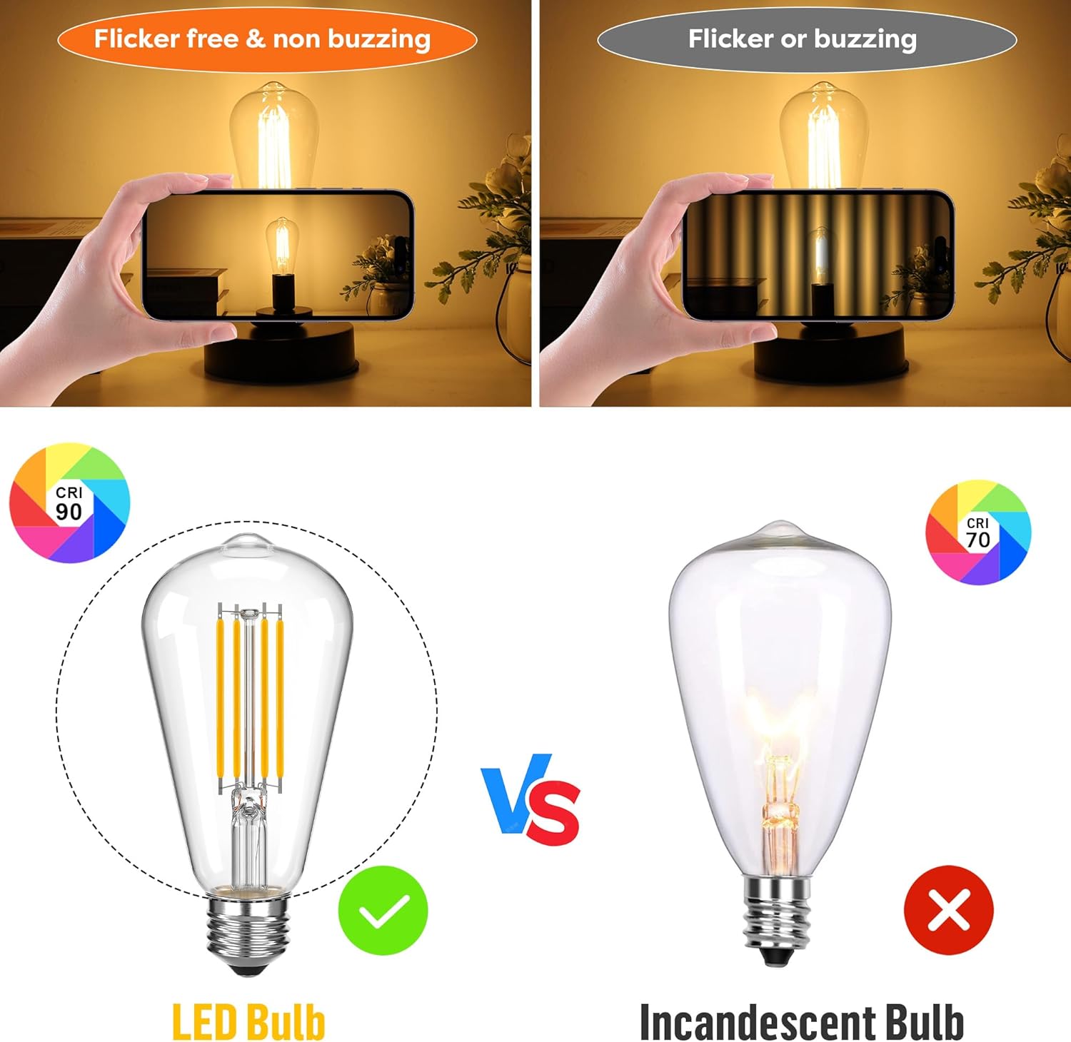 Non-dimmable ST58 Edison Bulb 60 watt LED(6W),ST19 Vintage Decorative Light Bulbs for Living Room, Dining Room, Kitchen, Chandelier, Table Lamp,Pendant,Warm White 2700K 600LM,Pack of 2