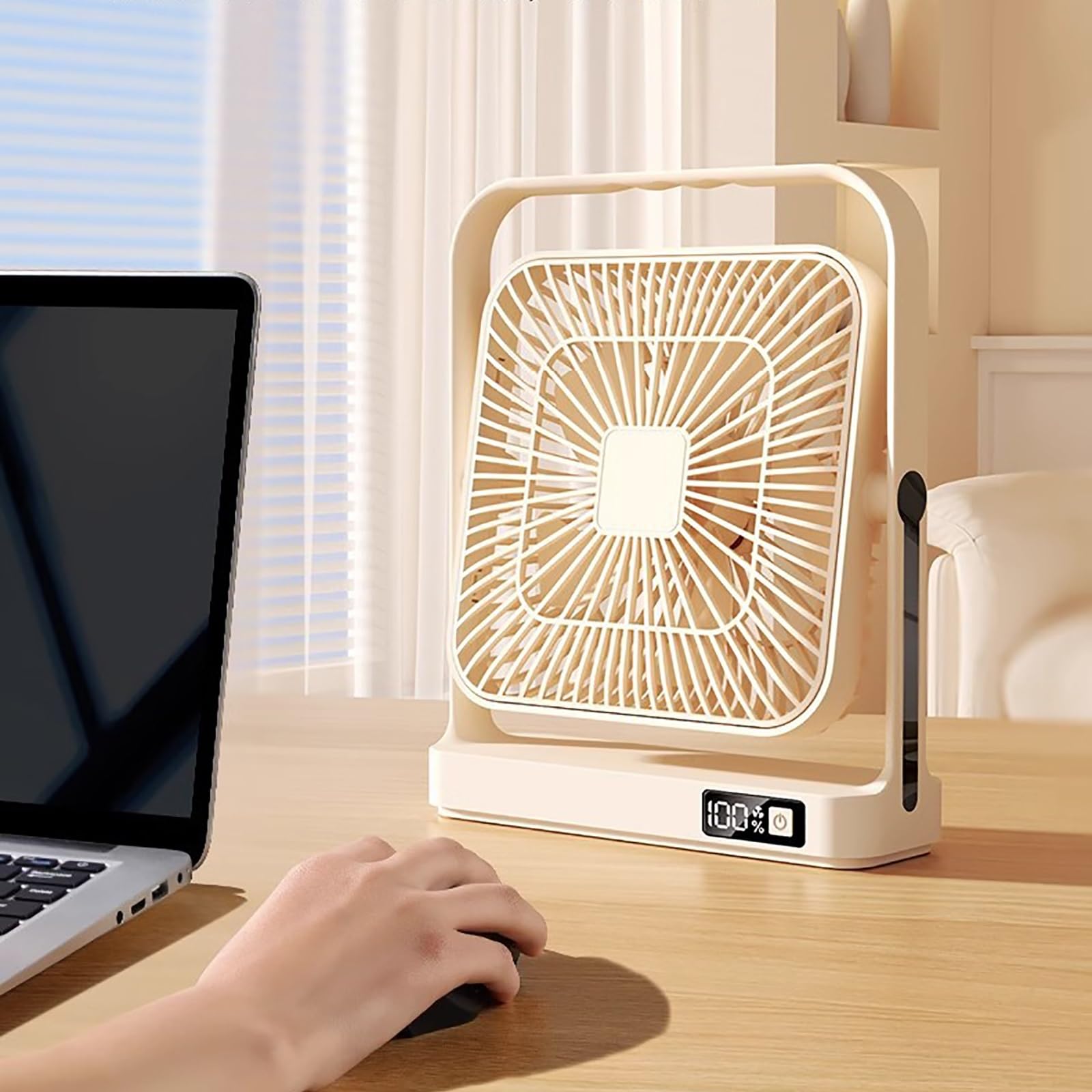 Ventilatore da tavolo oscillante portatile, USB, con 5 velocità, funzionamento a batteria, raffreddamento esterno, ultra silenzioso, per ufficio e dormitorio (beige)