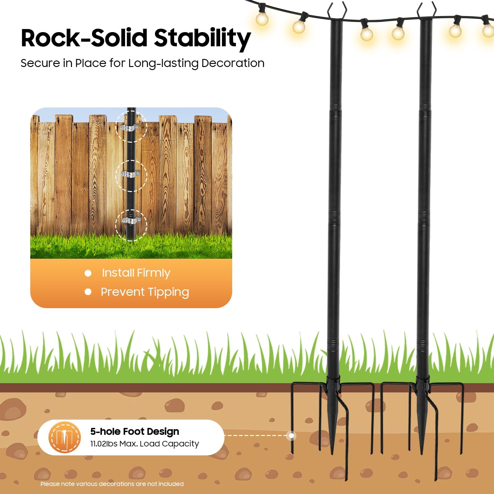 ACLICE 4 barras de cadena de luces de 3 m para exteriores, varillas de metal de hierro con tenedor en U y estaca, diseño estable de 5 agujeros, para jardín, terraza, fiesta, boda, color negro