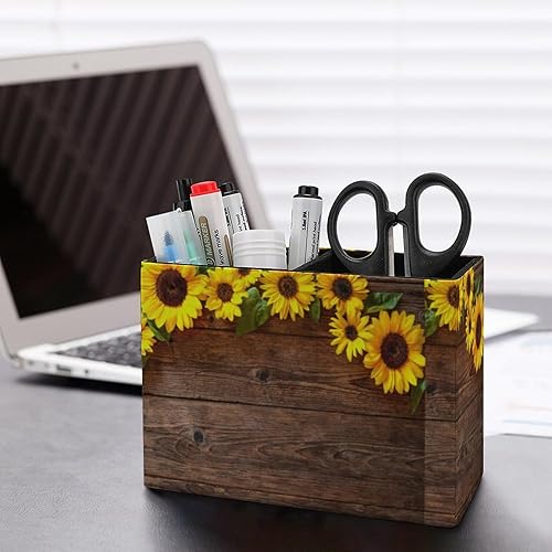 Miniatura 5 de Soporte para bolígrafos, soporte para lápices para organizador de escritorio, girasol floral de madera, tazas de cuero sintético, almacenamiento de