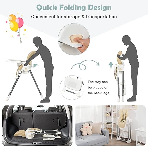 Miniatura 7 de BABY JOY Silla alta para bebés y niños pequeños, silla alta plegable con altura ajustable, respaldoreposapiés, bandeja extraíble doble, soporte para