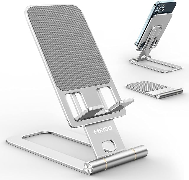 MEISO Mobile Phone Stand, Fully Foldable Phone Holder for Desk, Desktop Mobile Phone Cradle Dock Compatible with iPhone, Samsung Galaxy, iPad Mini, Tablets Up to 10 (Silver)