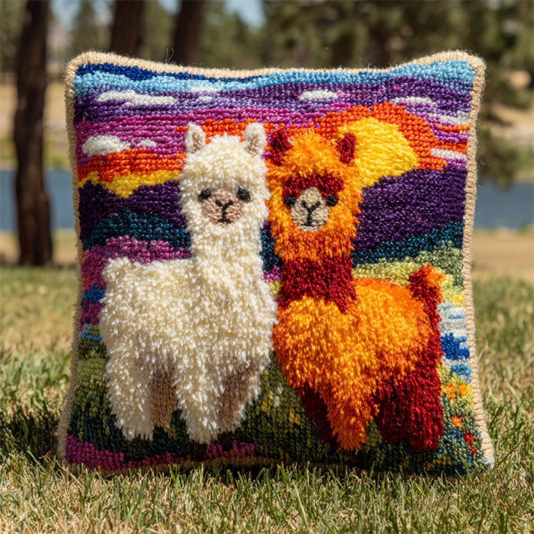 Kitquiver Animal Latch Hook Kits for Adults Alpacas and Scenery DIY Latch Hook Kits Pattern Printed Throw Pillow Case Cushion Cover for Adults and Beginners 17x17In