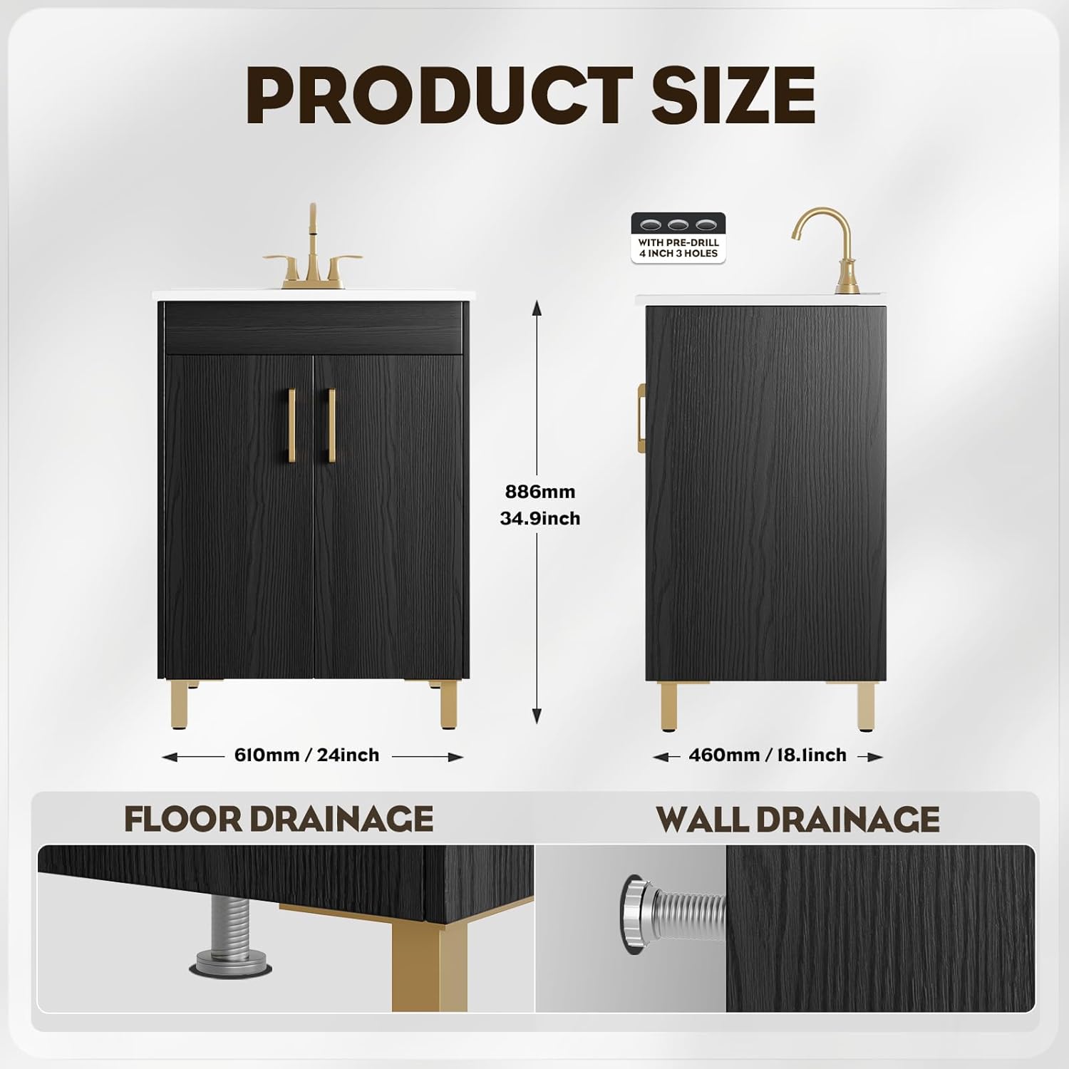 phiestina 24 Inch Fully Pre-Assembled Black Bathroom Vanity with Single Ceramic Countertop Sink Combo, 2 Soft Close Doors Bathroom Cabinet Set, Faucet Not Included, BV01-BLACK-JH