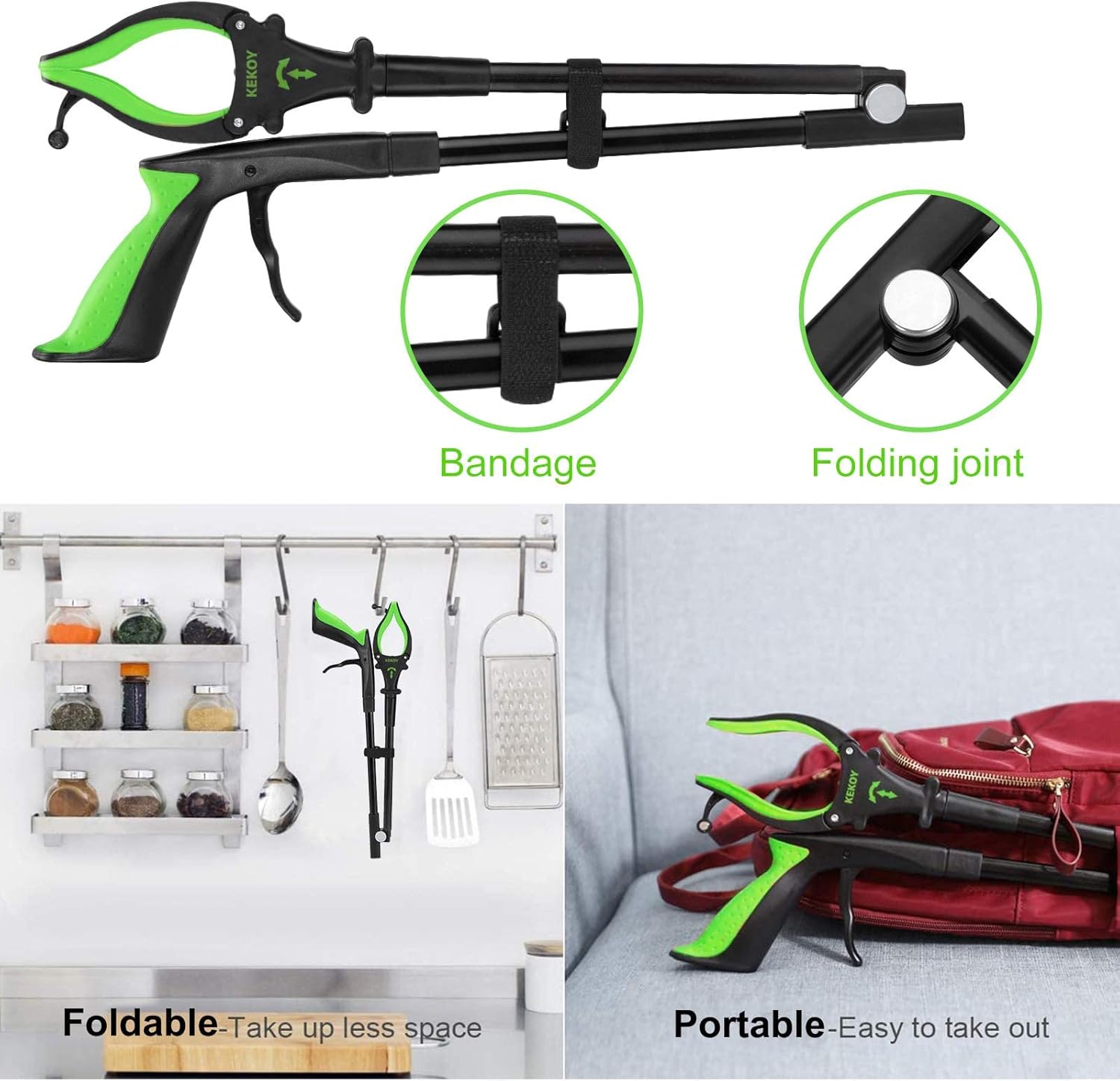 2-Pack Foldable Grabber Reacher Tool with Light, 32" Trash Picker Grabbers, Deft Claw Reacher Grabber for Elderly, 90°Rotating Anti-Slip Jaw, Magnet Hook (Green) : Health & Household
